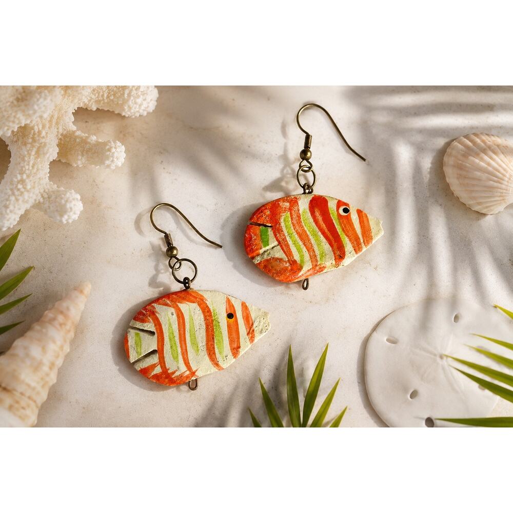 VINTAGE Hand Painted Orange and Green Wooden Fish Earrings